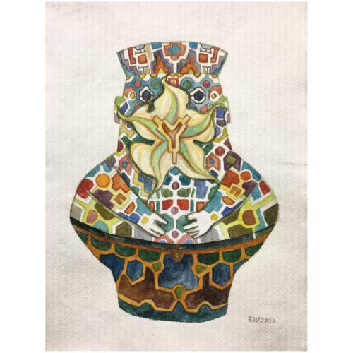 魏澤，手稿-曼陀羅花，水彩繪於無酸手抄紙，29.7x21cm，2020