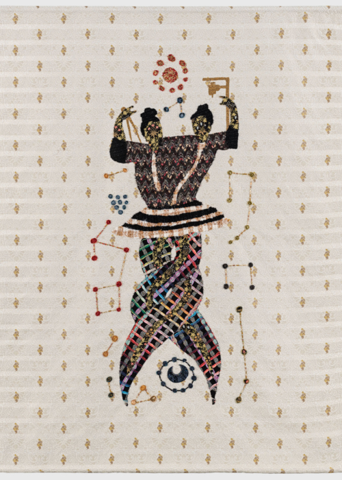 Kao Ya-Ting, the sun, the moon and the stars, 2023,  tweed, satin , cotton fabric , beads, 181 x 140 cm